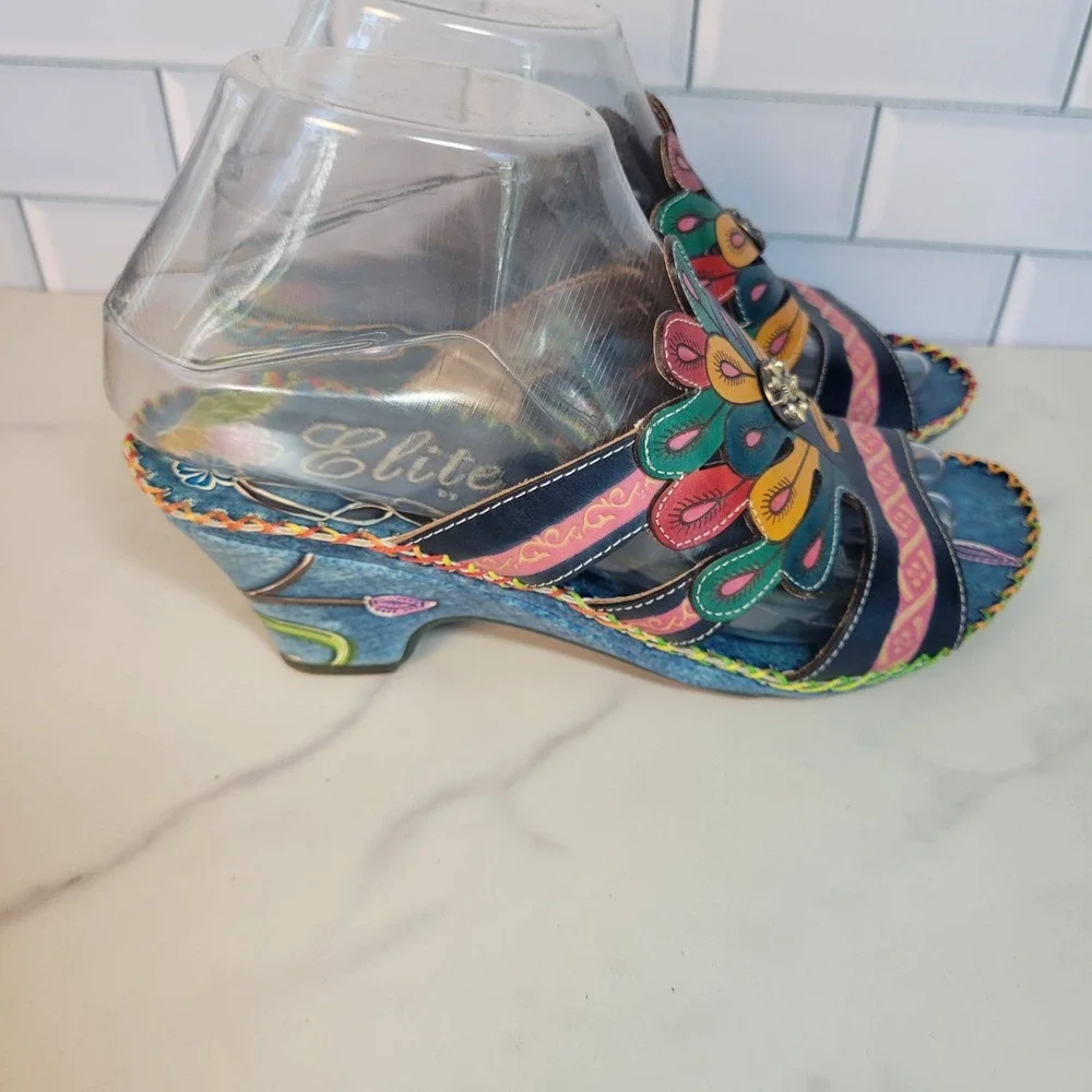 Elite by Corkys Bonsai Blue Leather Peacock Hand Painted Wedge Sandals Womens 6